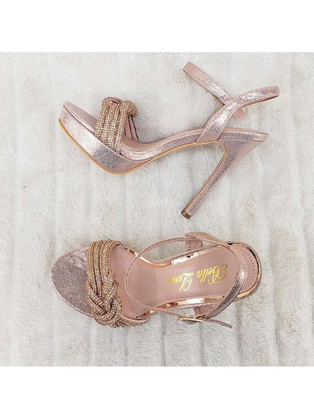 Gorgeous Rose Gold Shimmery Platform Rhinestone High Heel Sandals Shoes